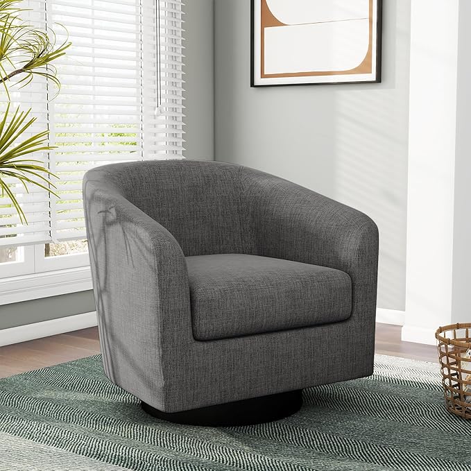 Swivel Barrel Accent Chair, Modern Round Linen Arm Chair for Living Room, Bedroom, Comfy Club Reading Chairs for Adults（Linen Fabric, Grey, Set of 1