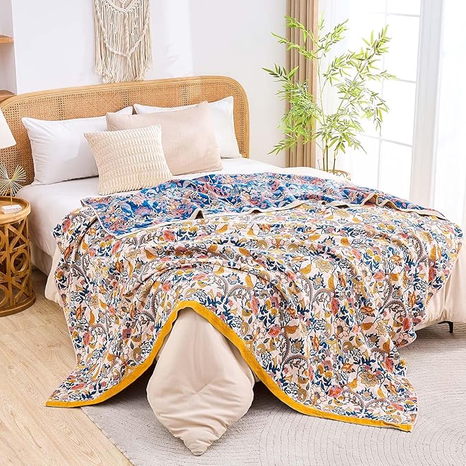 Boho Blanket Throw Quilt, 100% Cotton Soft Light Weight Throw Blankets for Summer, 80"x90" Farmhouse Flower Decorative Blankets, All Season Rustic Reversible Bohemian Throw Quilt