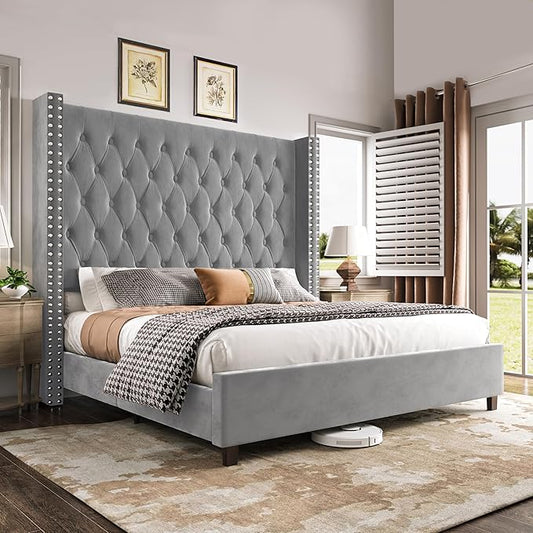 PaPaJet King Size Bed Frame with 61.4" Tall Headboard, Velvet Upholstered Platform and Handmade Deep Button Tufting, No Box Spring Required, Grey