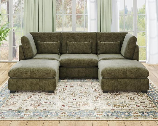 Oversized Modular Sofa, Extra Deep Cloud Chenille Sectional Couch with Ottoman Chaise, Fluffy Chenille 5 Seater Sofa Bed for Living Room, Villa (U Shape 5 Seater, Chenille Green)