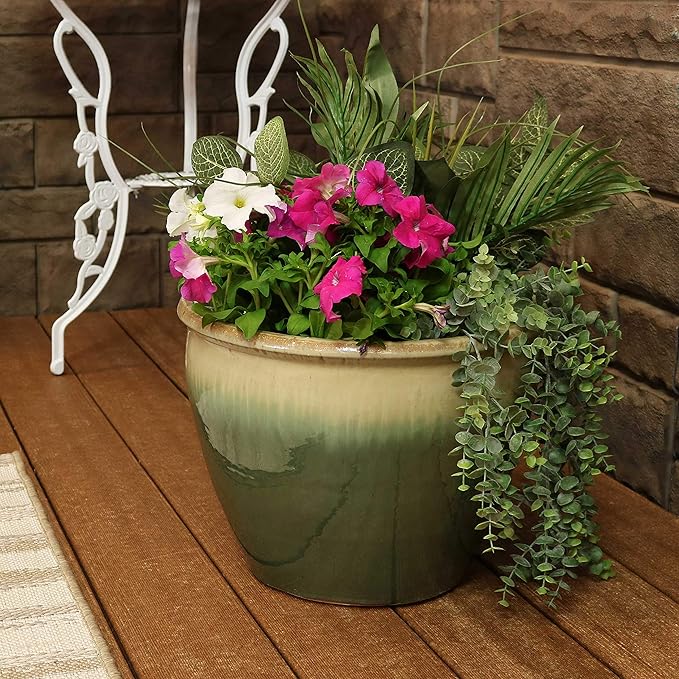 Sunnydaze Chalet Large Ceramic Plant Pot - Round Outdoor Glazed Ceramic Planter Pot with Drainage - Seafoam - 14.5"