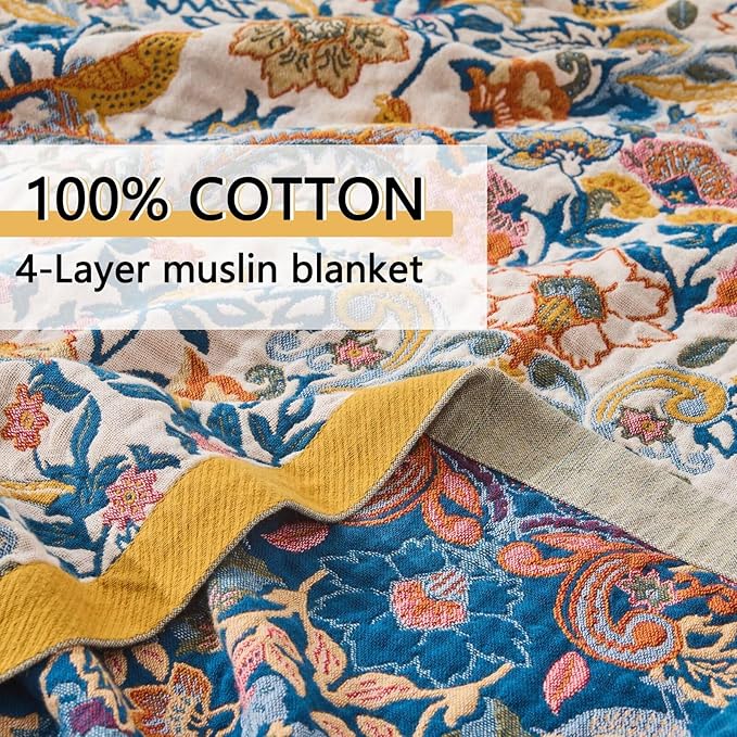 Boho Throw Blanket for Bed Couch 100% Cotton Woven Bed Throws for Summer, Lightweight and Soft Cozy Farmhouse Reversible Muslin Decorative Blanket for Travel Picnic, Teal/Cream, 80"x90"