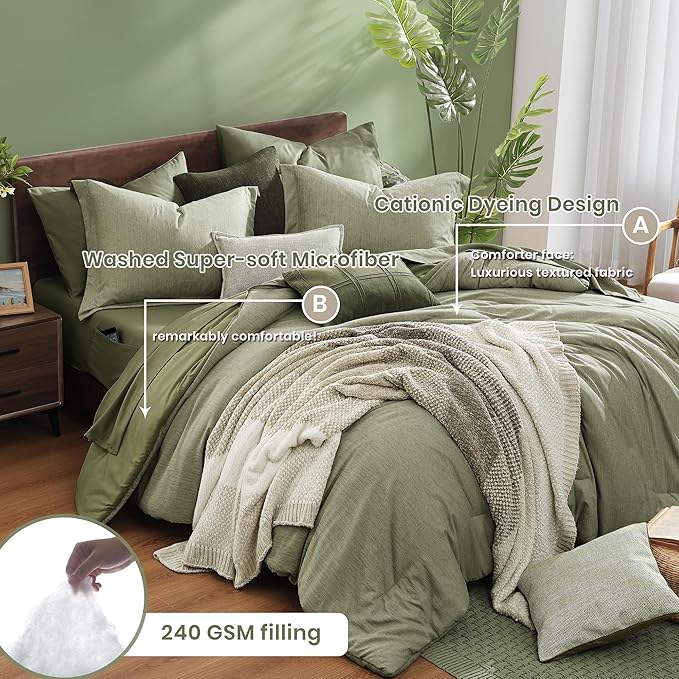 Monbix Full Size Comforter Set, Sage Green Bedding Comforter for Full Size Bed Set Reversible, Bedding Sets Full 7 Pieces, Cationic Dyeing Bed in a Bag with Comforter, Sheets, Pillowcases & Shams