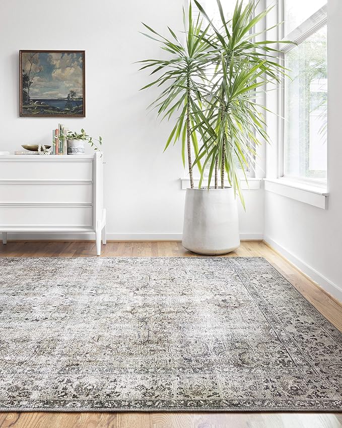 Loloi Layla Collection LAY-06 Taupe/Stone 7'-6" x 9'-6" .13" Thick Area Rug, Soft, Durable, Vintage Inspired, Distressed, Low Pile, Non-Shedding, Easy Clean, Printed, Living Room Rug