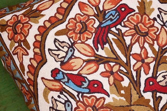 Tree of Life Pillow Cover - Gold Birds & Floral Suzani Cushions - Designer Flower Pillows - Modern Hand Embroidered Wool - Size 18x18