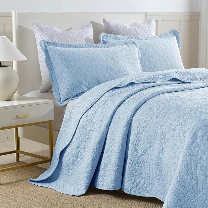 MarCielo 3-Piece 100% Cotton Oversized Bedspread Lightweight Quilt Coverlet Embroidery Farmhouse Bedding Set (Tf Light Blue, Oversized King (118"x106"))
