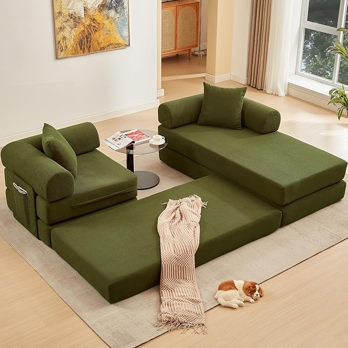 107" Oversized Convertible Sleeper Sofa Bed, Corduroy L Shape Sectional Couch, Folding Sofa Bed with Side Pocket, Modern Cloud Floor Mattress Couch, Modular Sofa for Living Room, Green