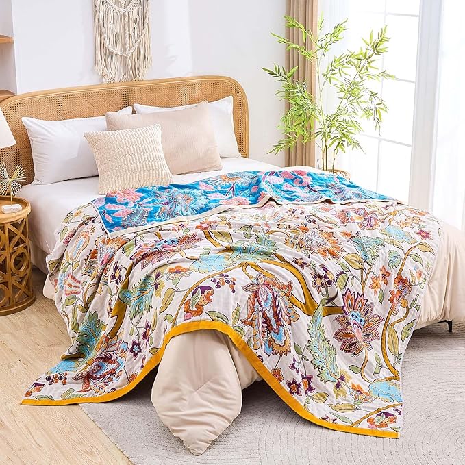 Boho Throw Blanket for Bed, 100% Cotton Soft Rustic Quilt Fall Blanket, 50"x60" Floral Printed Farmhouse Decor Bed Blankets, All Season Rustic Reversible Bohemian Throw Quilt