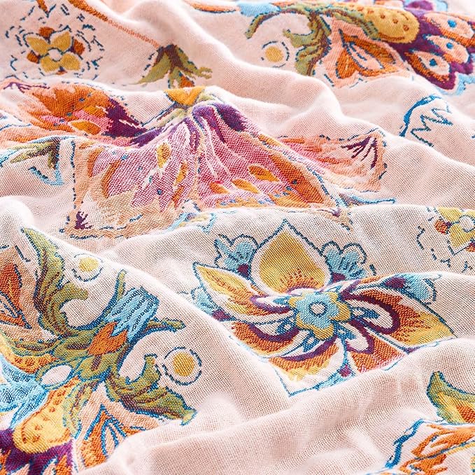 Boho Throw Blanket for Bed, 100% Cotton Soft Rustic Quilt Fall Blanket, 90"x98" Floral Printed Farmhouse Decor Bed Blankets, All Season Rustic Reversible Bohemian Throw Quilt