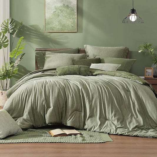 Monbix Full Size Comforter Set, Sage Green Bedding Comforter for Full Size Bed Set Reversible, Bedding Sets Full 7 Pieces, Cationic Dyeing Bed in a Bag with Comforter, Sheets, Pillowcases & Shams
