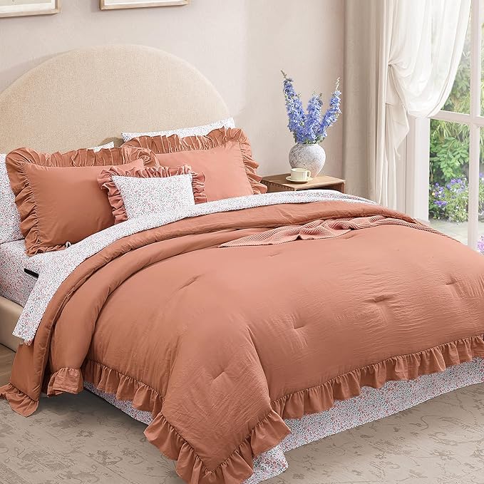 King Comforter Set - 7 Pieces Ruffle Autumn Leaf Bedding Sets, Shabby Chic Farmhouse Bed in a Bag King with Ruffle Comforter, Floral Sheets, Pillowcases & Shams