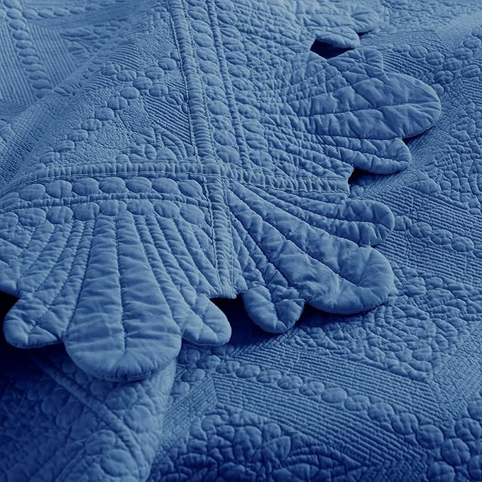 MarCielo 3-Piece 100% Cotton Oversized Bedspread Lightweight Quilt Coverlet Embroidery Farmhouse Bedding Set (Tk Midtone Blue, Oversized Queen (100"x106"))