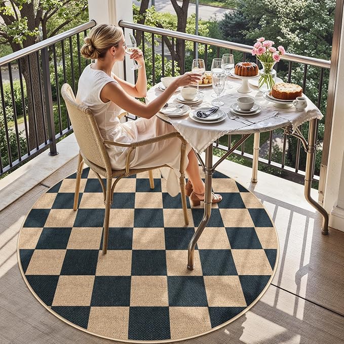 Lahome Checkered 4 ft Easy Jute Round Rug, Washable Small Rugs for Entryway Patio, Farmhouse Non Slip Non Shedding Indoor Outdoor Circle Carpet for Kitchen Porch