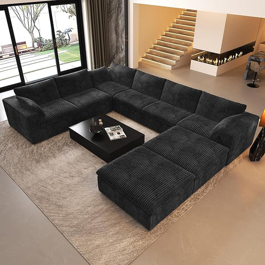 Oversized Modular Sectional Cloud Couch,157.5" U Shaped Modern Sofa with 2 Ottoman and 2 Middle Seats,Upholstered Couches with Corduroy Fabric for Living Room Furniture,No Assembly Required,Black