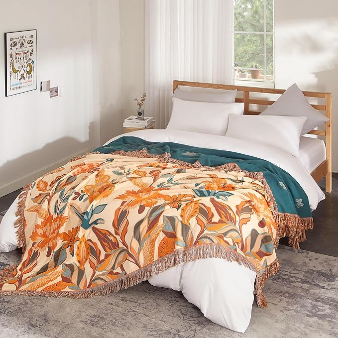 Boho Throw Blanket for Bed 80”x90”, 100% Cotton Woven Blanket for Couch Sofa, Ultra Soft 4-Layer Muslin Quilt with Floral Printed, Farmhouse Bed Blanket/Cover for Living Room Decor