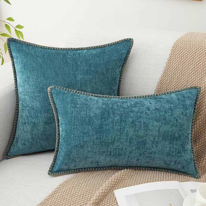 decorUhome Chenille Soft Throw Pillow Covers 26x26 Set of 2, Farmhouse Velvet Neutral Decorative Euro Pillow Covers with Stitched Edge for Couch Sofa Bed Home Decor, Teal
