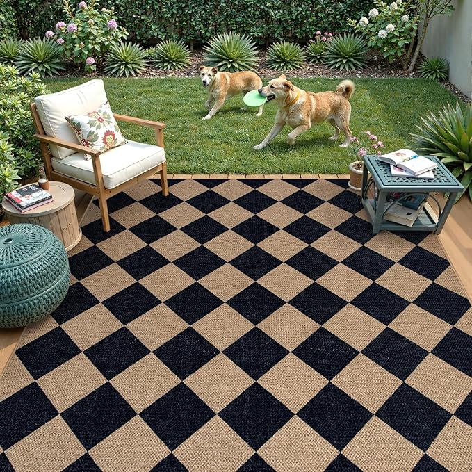 Lahome Checkered Easy Jute Outdoor Rug, 5x7 Area Rugs for Living Room Nature Large Dining Room Carpet, Farmhouse Outdoor Patio Non Slip Diamond Carpet for Home Office Bedroom Backyard Deck