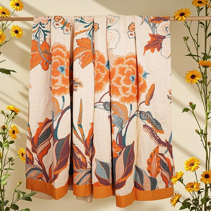 Boho Throw Blanket, 100% Organic Cotton Breathable Soft Lightweight All Season Rustic Bed Throw - Floral Bird Farmhouse Decor Blanket for Sofa Couch Chair Quilt and Gift. 60" x 80"