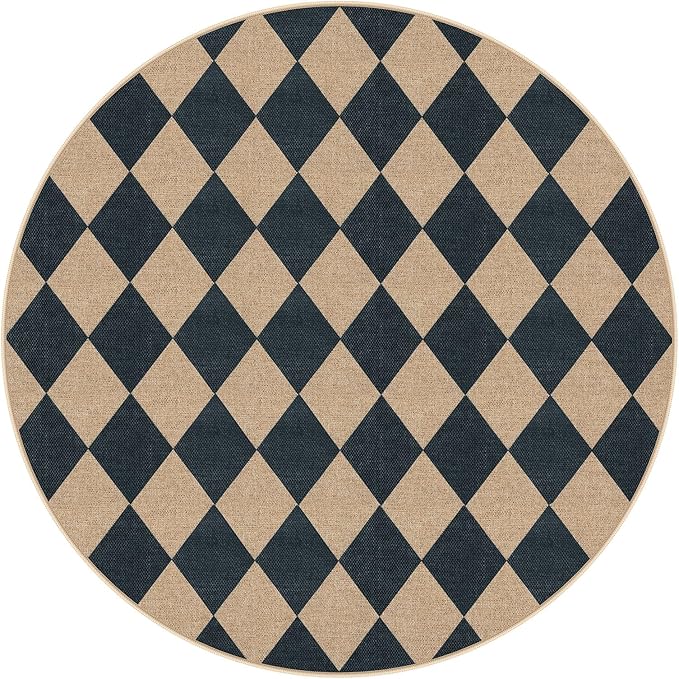 Lahome Checkered Round Rugs 6ft, Washable Easy Jute Circle Patio Rug Indoor Outdoor Rugs for Living Room, Farmhouse Natural Round Area Rug Contemporary Carpet for Entryway Backyard