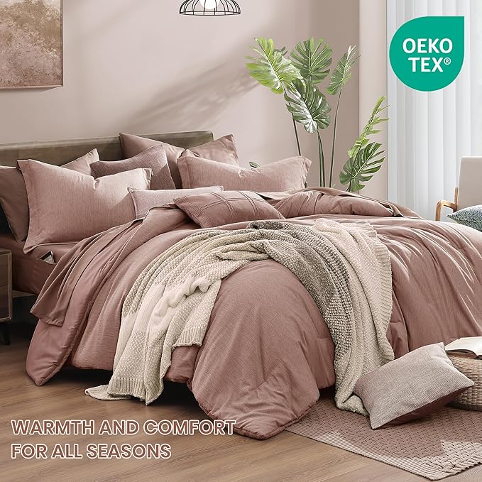Monbix Queen Comforter Set - 7 Pieces Dusty Pink Cationic Dyeing Bed in a Bag Queen Bedding Sets with Sheets, Pillowcases & Shams, Reversible Bedding Comforters