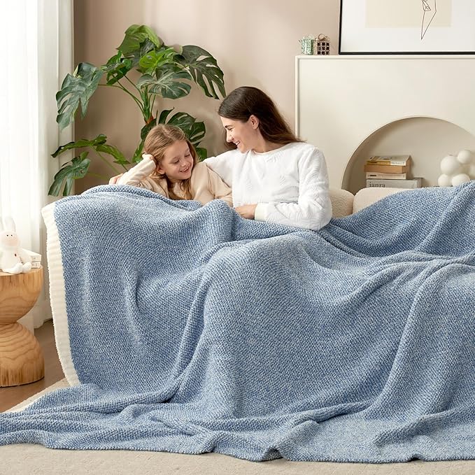 Snuggle Sac Heather Blue Throw Blanket for Couch, Oversized Throw XL Super Soft Warm Blankets Cozy Knit Fuzzy Lightweight Throws for Sofa, Bed, Camping, Picnic, Heather Blue, 50x70 inches