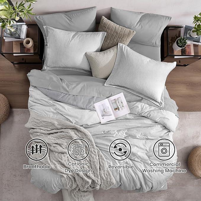 Monbix Queen Comforter Set - 7 Pieces Cationic Dyeing Light Grey Bed in a Bag Queen Bedding Sets with Comforter, Sheets, Pillowcases & Shams, Reversible Bedding Comforters Sets