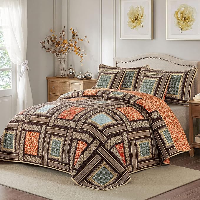 NEWLAKE Cotton Patchwork Bedspread, 3-Piece Bedding Quilt Set with Real Stitched Embroidery, Reversible Matelasse Bed Coverlet Set,Bohemian Farmhouse,Queen Size