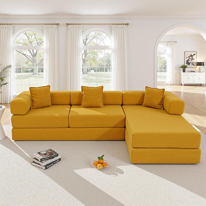 108" Oversized Convertible Sleeper Sofa Bed, Corduroy L Shape Sectional Couch, Folding Sofa Bed with Side Pocket, Modern Cloud Floor Mattress Couch, Modular Sofa for Living Room, Yellow