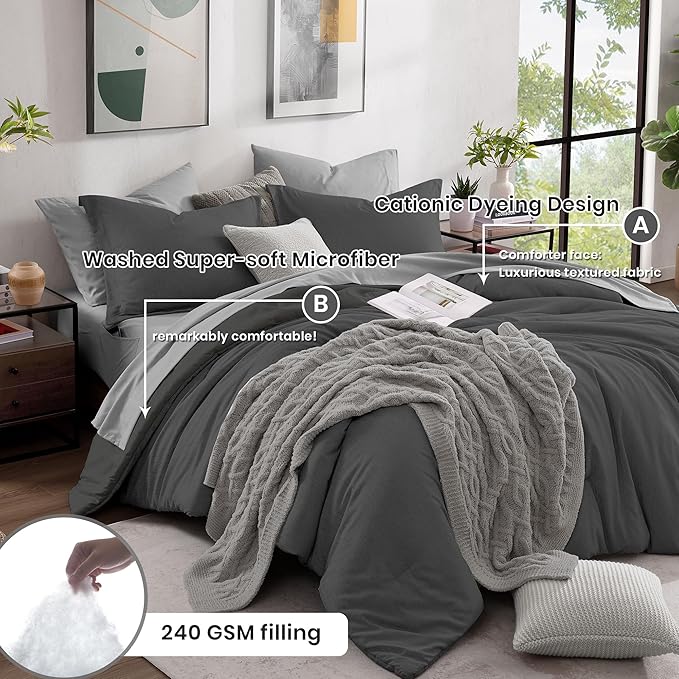 Monbix Full Size Comforter Set, Dark Grey Bedding Comforter for Full Size Bed Set Reversible, Bedding Sets Full 7 Pieces, Cationic Dyeing Bed in a Bag with Comforter, Sheets, Pillowcases & Shams