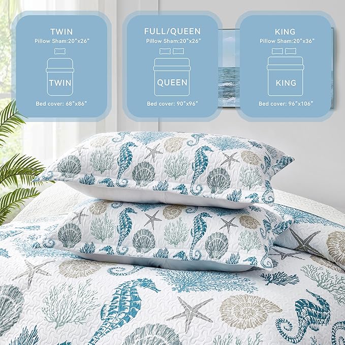 Coastal Bedding Twin Size Coastal Quilt with Shams, Nautical Beach Comforter Sets Ocean Bedspreads Blue Seahorse Coverlet Summer Bedding, 68''x86''
