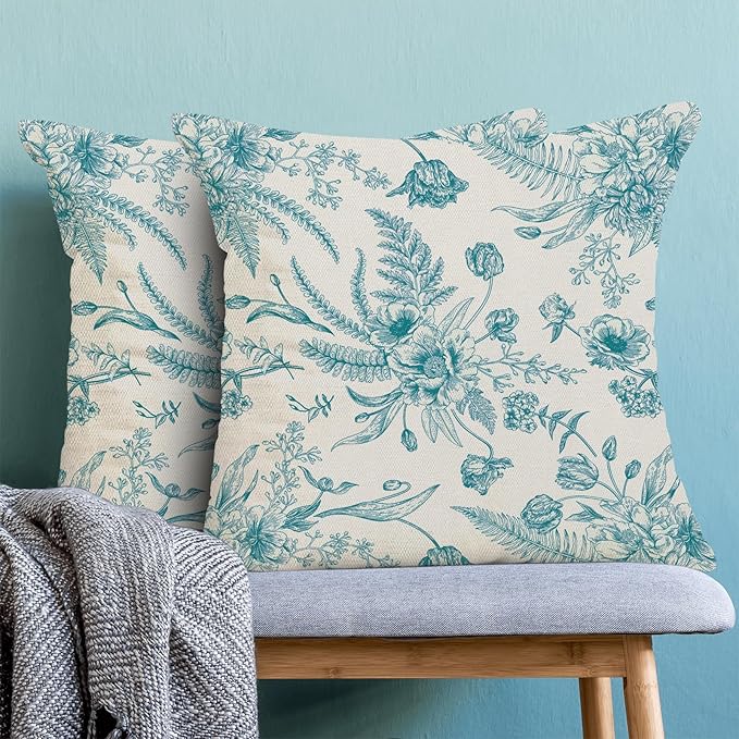 CXMEIFLY Aqua Teal Spring Pillow Covers 18 x 18 Inch Set of 2 for Chinoiserie Flowers Decor Throw Pillows Floral Leaves Seasonal Plant Outdoor Decorative Cushion Cases for Couch Bed Decorations