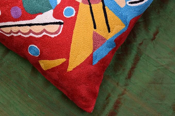 Kandinsky Modern Couch Pillow Cover - Red Painting | Abstract Toss Pillow | Modern Chair Cushion| Contemporary Pillow | Mid Century Chair Cushion | Hand Embroidered Pillow | Wool Size 18x18