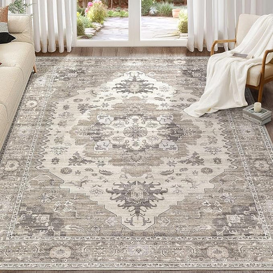 Washable Area Rugs for Living Room -8x10 Neutral Vintage Distressed Floral Farmhouse Boho Large Soft Floor Rug Indoor Non Slip Carpet for Living Room Bedroom Dining Room Office-Brown/Beige