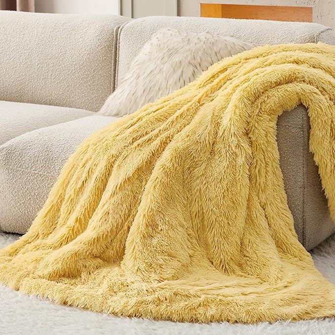 Bedsure GentleSoft Fuzzy Sherpa Faux Fur Twin Blanket Yellow Cozy Gifts for Women Men, Soft Fleece Plush Warm Thick Blanket Twin Size for Bed, Couch, Room Dorm Essentials Yellow Decor Gifts, 60x80