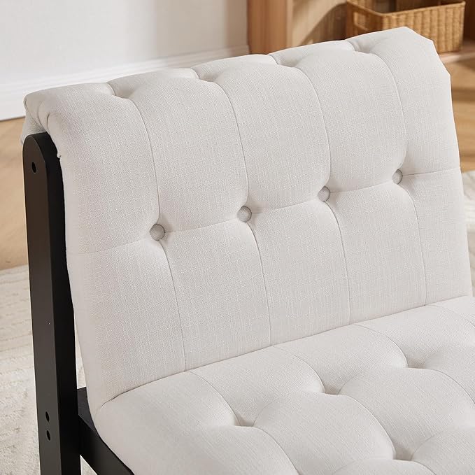 Modern Armless Accent Chair for Living Room, Beige Chenille Button Tufted Upholstered Lounge Reading Chair with Black Wood Frame