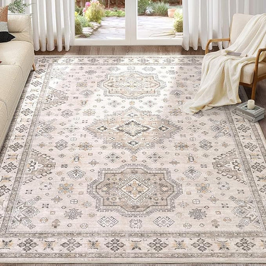 Washable Area Rugs for Living Room -8x10 Neutral Vintage Distressed Floral Farmhouse Boho Large Soft Floor Rug Indoor Non Slip Carpet for Living Room Bedroom Dining Room Office -Beige Brown