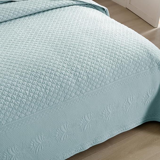 MarCielo 3-Piece 100% Cotton Oversized Bedspread Lightweight Quilt Coverlet Embroidery Farmhouse Bedding Set (TM Mint Green, Oversized Queen (100"x106"))