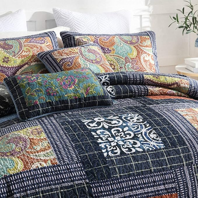 NEWLAKE Cotton Patchwork Bedspread, 3-Piece Bedding Quilt Set with Real Stitched Embroidery, Reversible Matelasse Bed Coverlet Set,Vintage Flowery Grid,Queen Size