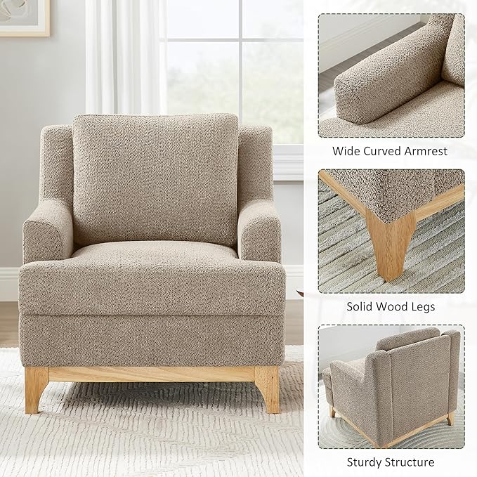 Oversized Accent Chair, Modern Boucle Armchair with Wood Legs, Modern Reading Chair with Thick Cushion, Comfy Chairs for Living Rooms, Bedrooms, Reading nooks and Apartments