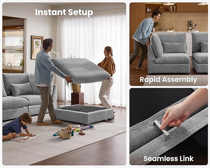 Oversized Modular Sofa, Extra Deep Cloud Chenille Sectional Couch with Ottoman Chaise, Fluffy Chenille Loveseat L Sofa for Living Room, Villa (Loveseat+Ottoman, Chenille Grey)