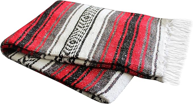 Del Mex Classic Mexican Blanket, Large Authentic Woven Falsa Throw (70"x50"), Artisan Southwest Décor for Beach, Yoga, Outdoors (Red)