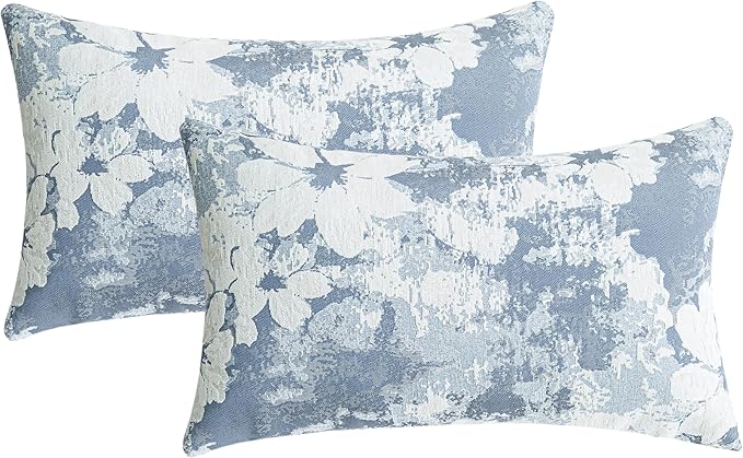 Jacquard Throw Pillow Covers 12x20 Inch Set of 2 - Vintage Floral Boho Pillow Cases with Botanical Pattern | Farmhouse Decor for Couch Living Room | Soft Textured Neutral Trio Dusty Blue 12" x 20"