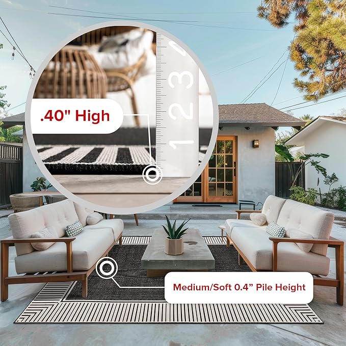 nuLOOM 9'6" x 12' Outdoor Area Rug, Casual Design With Striped Border, Stain Resistant, Highly Durable, For Patio, Balcony, Bedroom, Living Room, Dining Room, Bathroom, Black