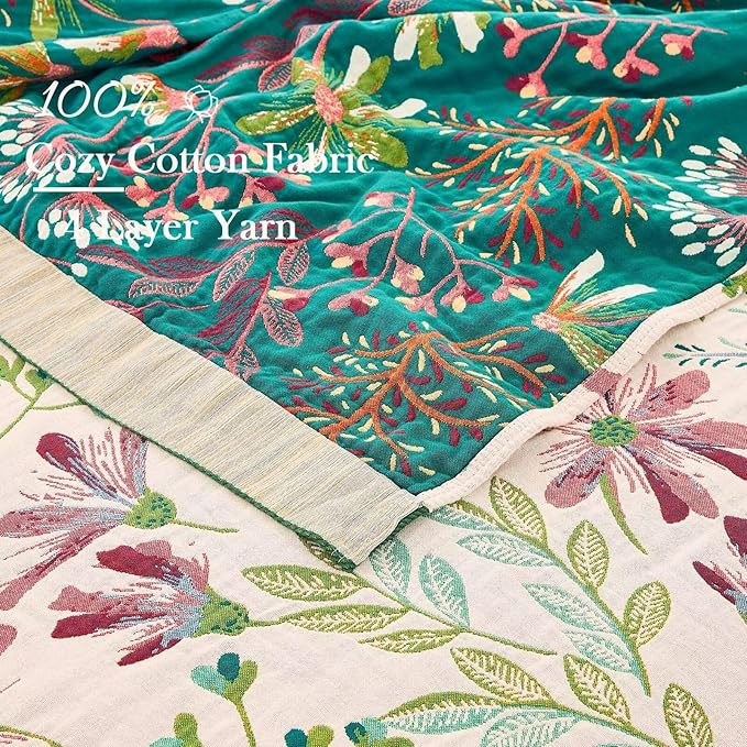 Boho Throw Blanket for Bed, 100% Cotton Soft Rustic Quilt Fall Blanket, 90"x98" Floral Printed Farmhouse Decor Bed Blankets, All Season Rustic Reversible Bohemian Throw Quilt