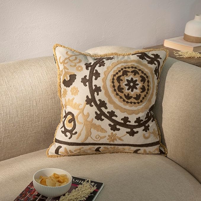 Embroidered Floral Mandala Vintage Indian Cotton Decorative Embroidery Throw Pillow Covers, Fringes Lace Cushion Cover, Pillow Case for Sofa Couch Bed Chair 18" x 18"