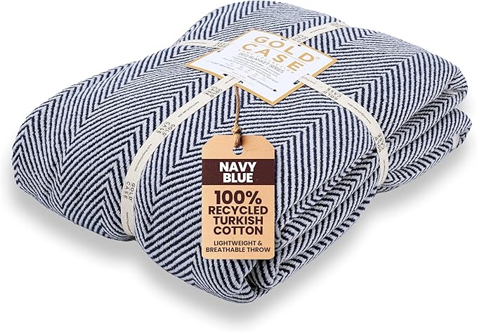 Gold Case Throw Blanket for Bed – 100% Recycled Turkish Cotton Bed Blanket – Decorative Throw Cotton Blankets for Living Room & Bedroom – Woven Twin Blankets - 71x90 - Navy Blue