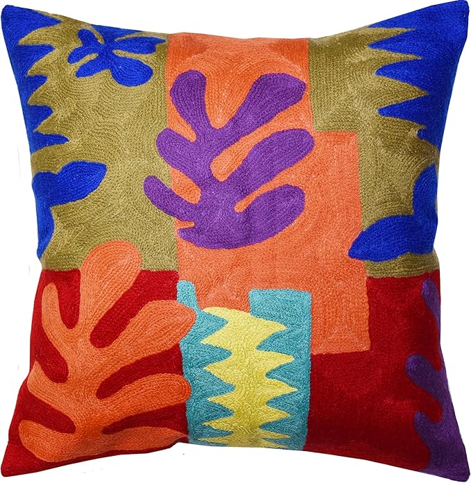 Matisse Decorative Pillow Cover Cutouts Hand Embroidered Abstract Toss Pillows Farmhouse Chair Cushion Contemporary Pillowsham Mid-Century Chair Cushions Wool Size 18x18