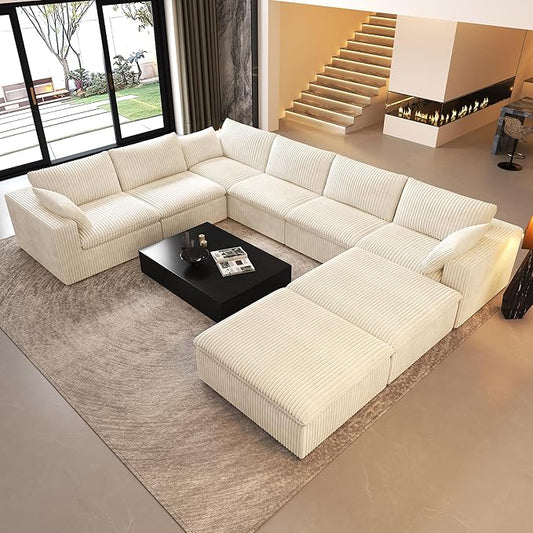 Oversized Modular Sectional Cloud Couch,157.5" U Shaped Modern Sofa with 2 Ottoman and 2 Middle Seats,Upholstered Couches with Corduroy Fabric for Living Room Furniture,No Assembly Required,White