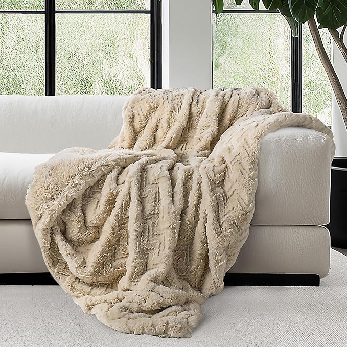 Mon Chateau Premium Reversible Queen Size Luxury Faux Fur Throw for Couch, Sofa, or Queen Size Bed - Plush Cozy Soft Blanket for Sleeping or Home Décor, 60" x 70" (Beige Jacquard)
