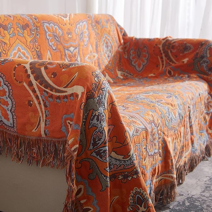 Boho Throw Blanket for Couch Sofa Bed, 100% Cotton Woven Quilt with Tassel 80”x90”, Super Soft Muslin Blanket with Oriental Universe Printed, Decorative Reversible Bed Blanket/Cover for All Seasons